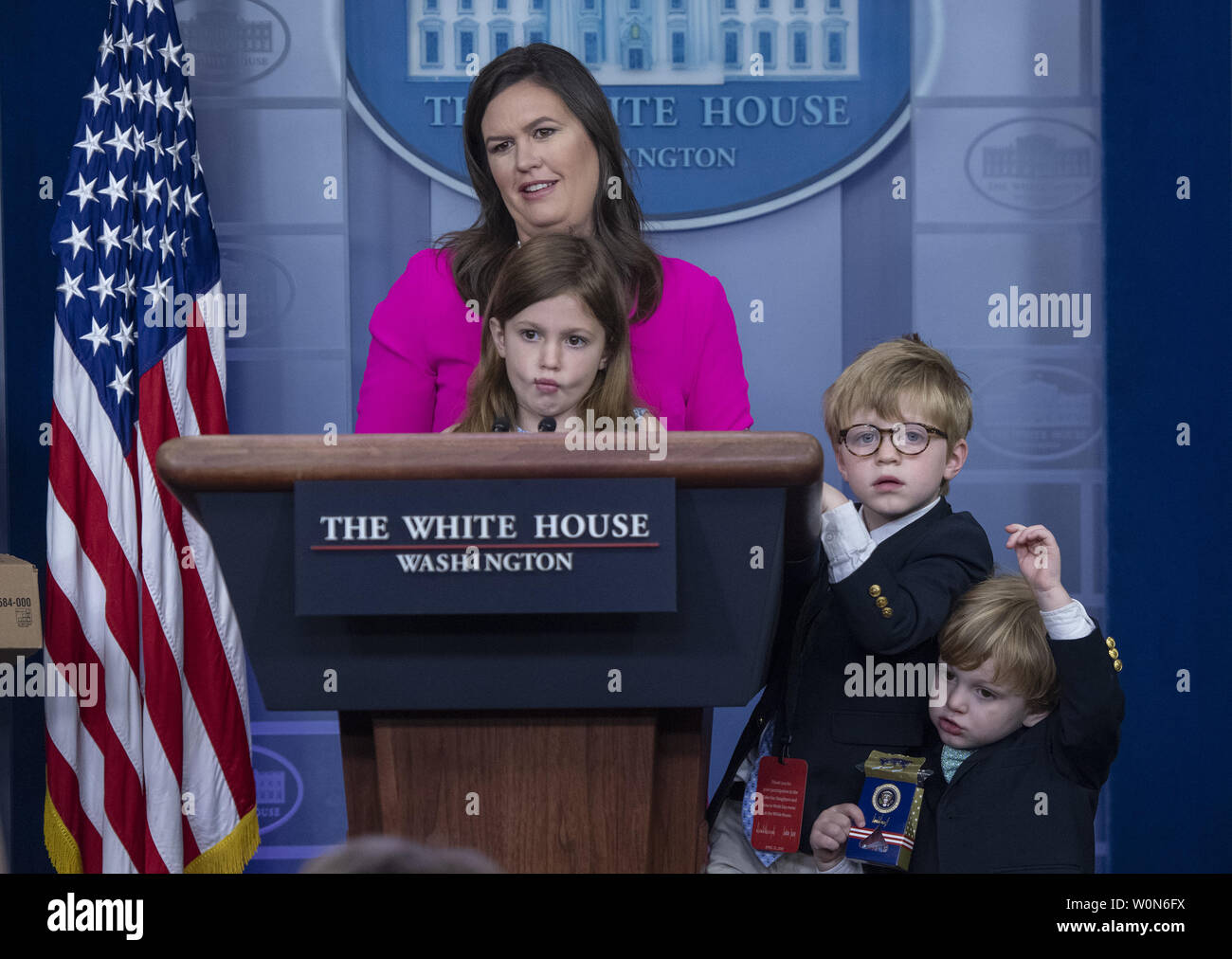 White House Press Secretary Sarah Huckabee Sanders, upper center, with her daughter Scarlett, center, and sons Huck, right, and George, lower right, takes questions from children and journalists in observance of “Take Our Daughters and Sons to Work Day” in the Brady Press Briefing Room of the White House in Washington, DC on April 25, 2019. Photo by Ron Sachs/UPI Stock Photo