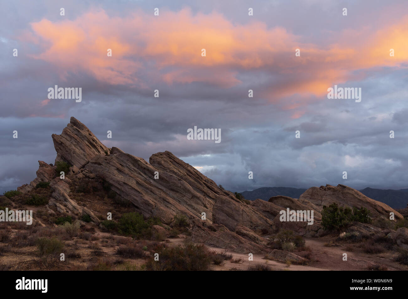 Vasquez Rocks Natural Area Park in Agua Dulce Springs, Los Angeles County, shown at dusk. Stock Photo