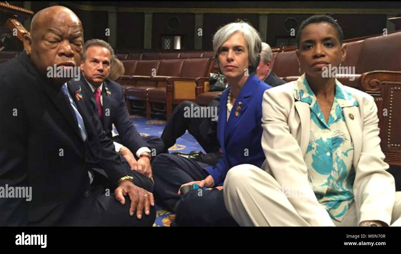 This C-Span video frame shows members of the House Democrats including Rep. John Lewis (D-GA) (L) engaged in a sit-in in an attempt to force a gun control vote on the floor of the House Chambers of the U.S. Capitol Building in Washington, D.C. on June 22, 2016. Democrats are asking Speaker Paul Ryan to take up legislation on gun law reforms prior to an upcoming House recess. Photo by UPI Stock Photo