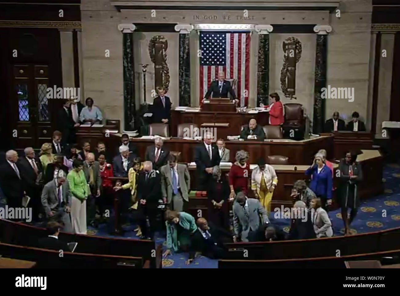 House Democrats stage a sit-in in an attempt to force a gun control vote on the floor of the House Chambers of the U.S. Capitol Building in Washington, D.C. on June 22, 2016. Democrats are asking Speaker Paul Ryan to take up legislation on gun law reforms prior to an upcoming House recess. Photo by UPI Stock Photo