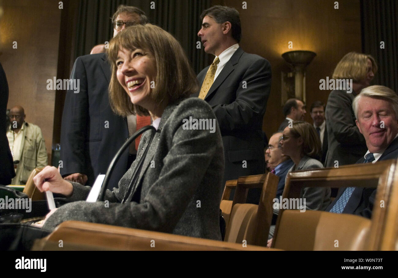 New York Times reporter Judith Miller waits to testify before a Senate Judiciary Committee hearing about a law to protect reporters from revealing their sources on Capitol Hill n Washington on October 19, 2005. Miller refused to testify before a grand jury to protect the identity of a source and served 85 days in jail.   (UPI Photo/Kamenko Pajic) Stock Photo