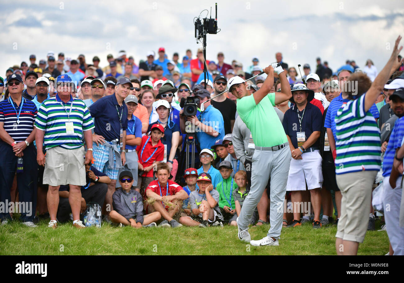 Brooks Koepka hits his stroke from the gallery at No. 7 during the final round of the 117th U.S. Open golf tournament at Erin Hills golf course on June 18, 2017, in Erin, Wisconsin. Photo by Kevin Dietsch/UPI Stock Photo