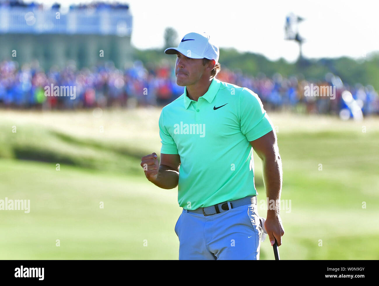 Brooks Koepka reacts on No. 18 after winning the 117th U.S. Open golf  tournament at Erin Hills golf course on June 18, 2017, in Erin, Wisconsin.  Photo by Kevin Dietsch/UPI Stock Photo - Alamy