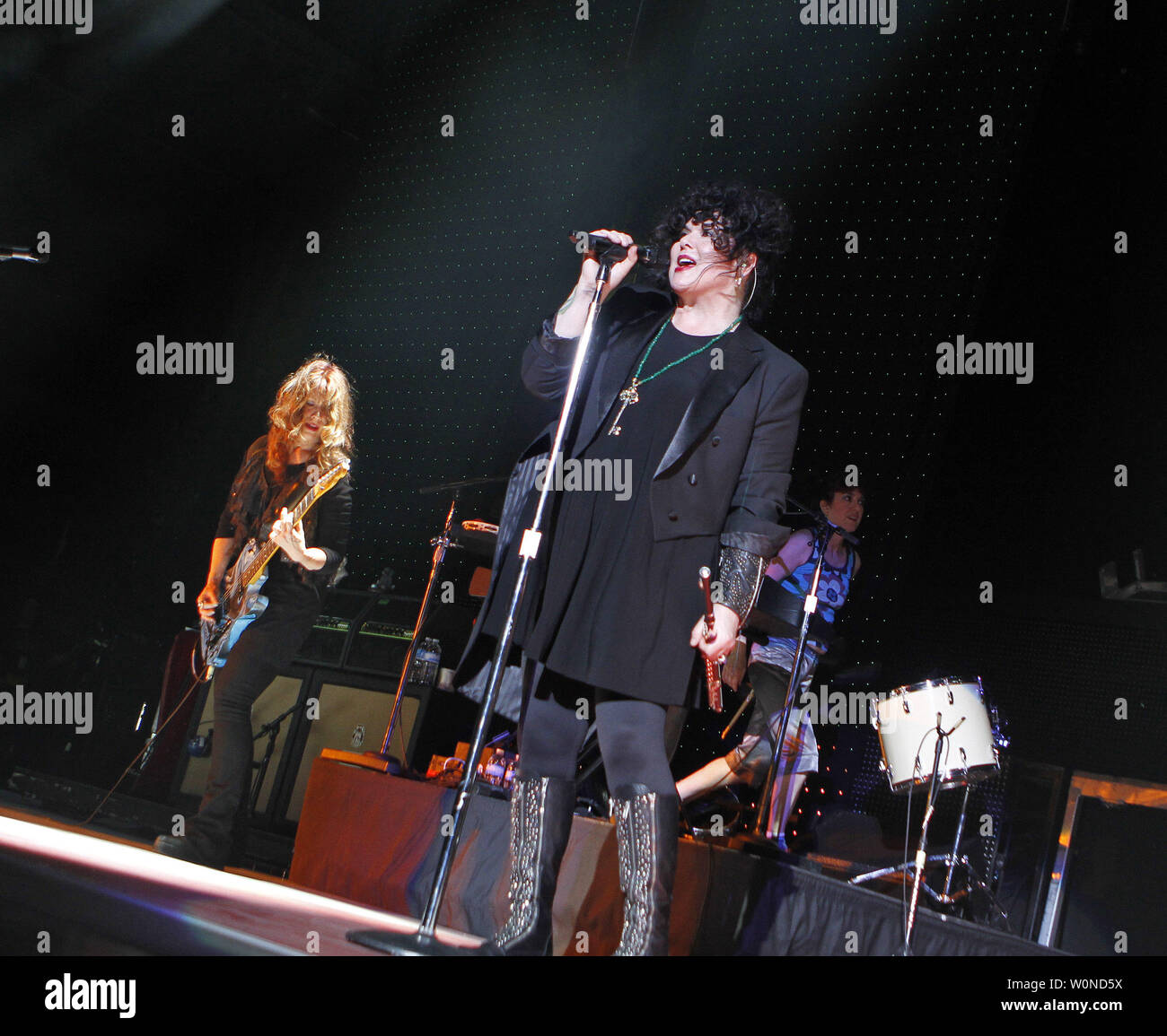 Ann Wilson (C) and Nancy Wilson (L) with Heart perform in concert at the Cruzan Amphitheater in West Palm Beach, Florida on June 15, 2011. UPI/Michael Bush Stock Photo