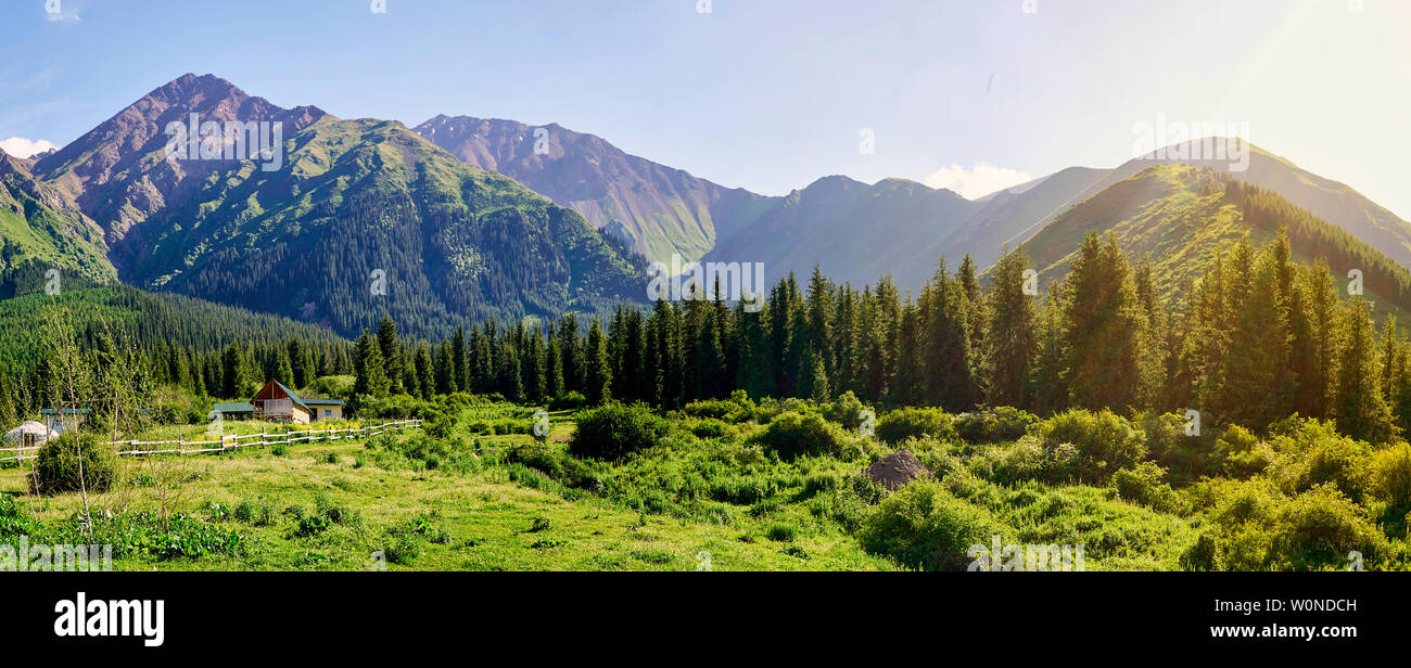 Panorama of the mountain valley in the summer. Amazing nature, mountains, lit by the sun in clear weather, summer in the mountains. Travel, tourism, b Stock Photo