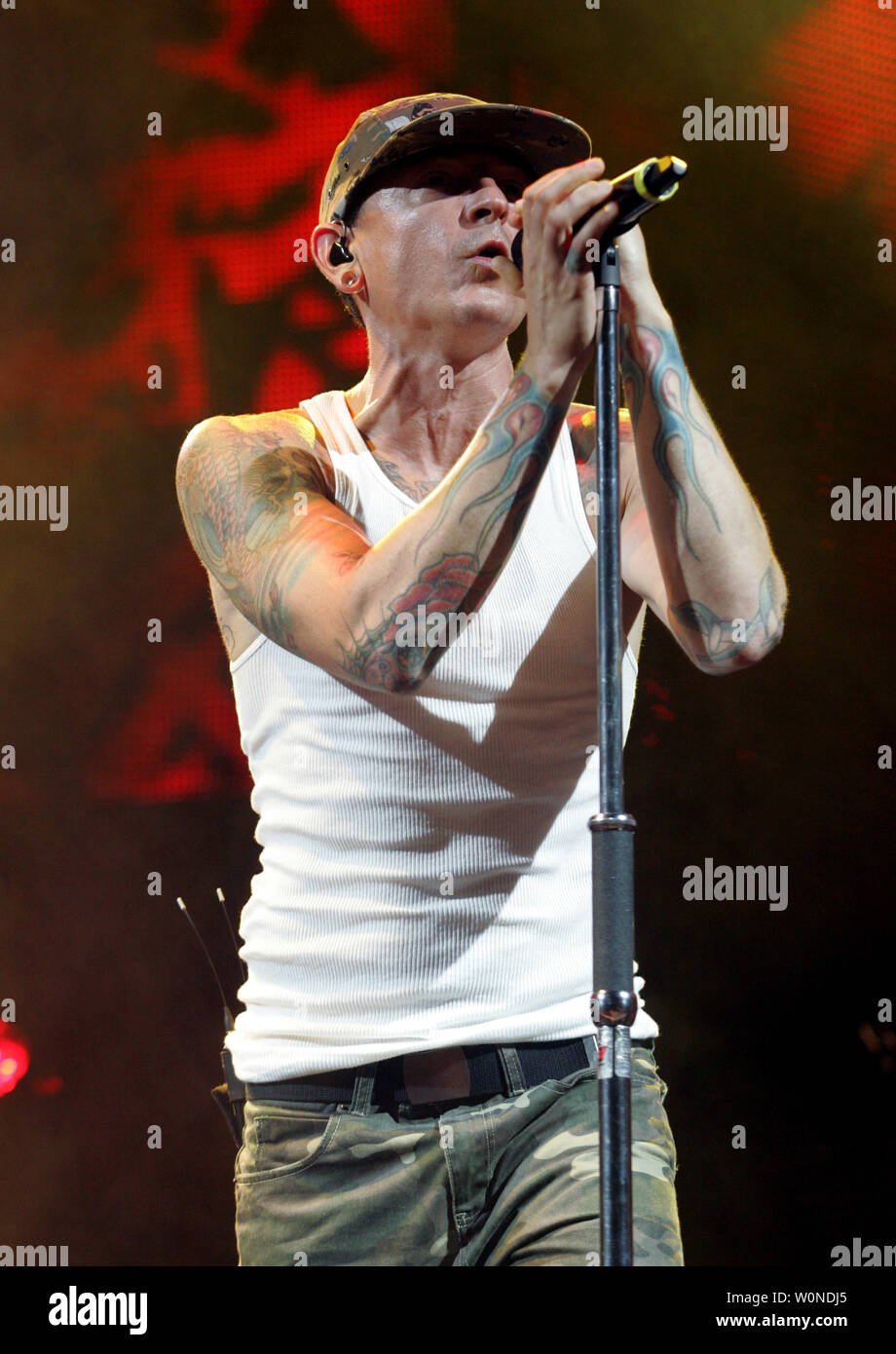 Chester Bennington with Linkin Park performs on the opening night of their tour at the Cruzan Amphitheatre in West Palm Beach, Florida on August 8, 2014. UPI/Michael Bush Stock Photo