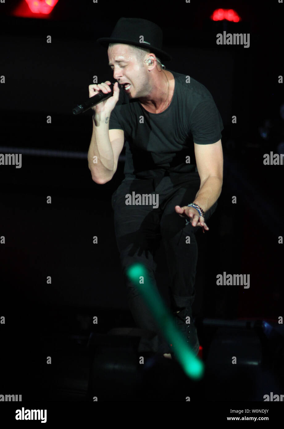 Ryan Tedder with OneRepublic performs in concert at the Cruzan Amphitheatre in West Palm Beach, Florida on August 17, 2014. UPI/Michael Bush Stock Photo
