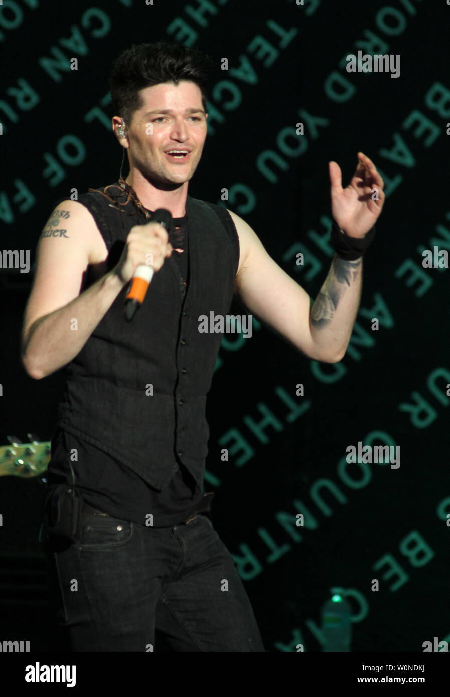 Danny O'Donoghue with The Script performs in concert at the Cruzan Amphitheatre in West Palm Beach, Florida on August 17, 2014. UPI/Michael Bush Stock Photo