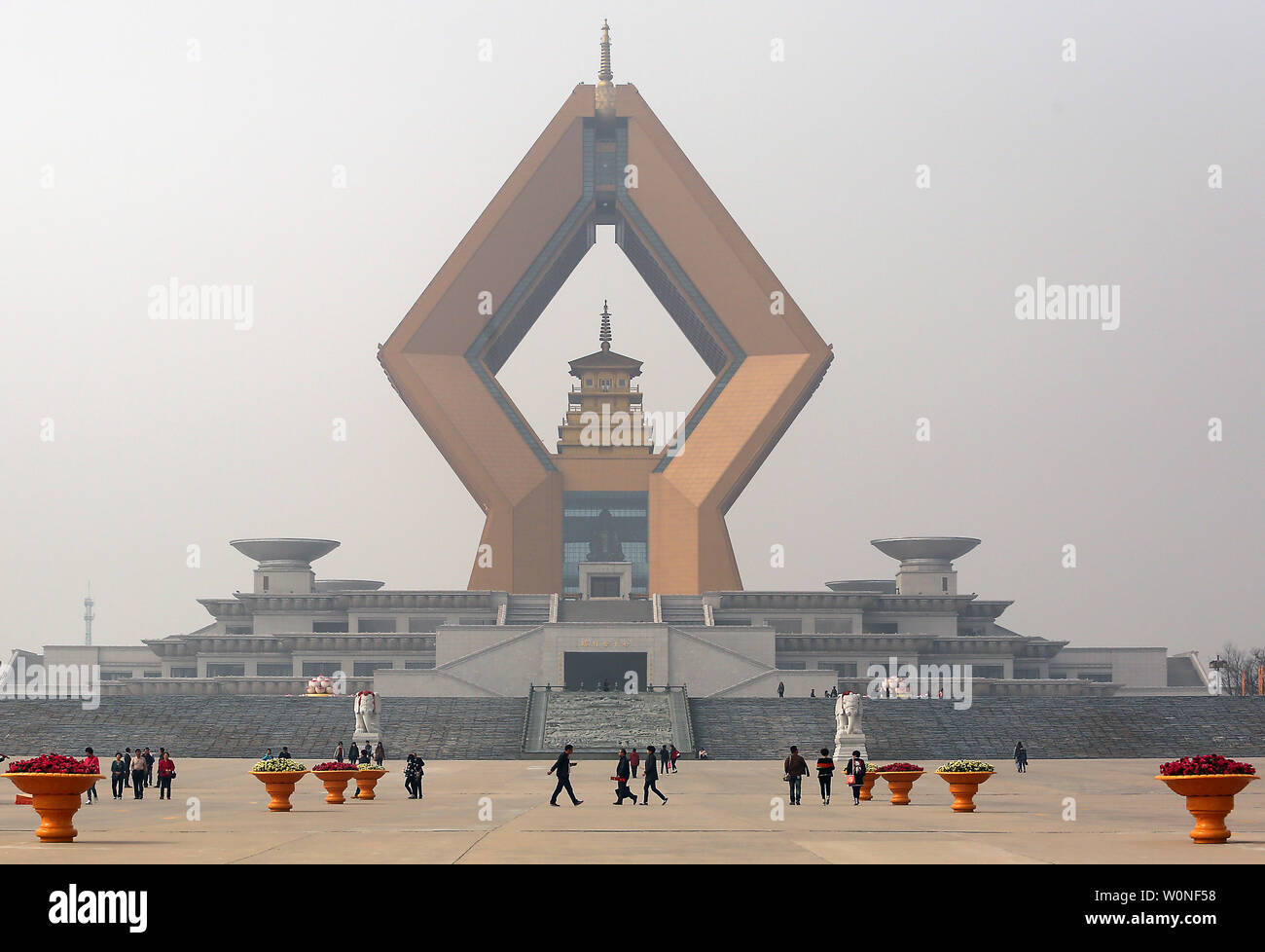 Chinese visit the Famen Temple Cultural Scenic Area, considered a 'Time-honored Buddhist Holy Land and Age-old Classic Buddhist Site,' in Famenzhen city in China's central Shaanxi Province on April 8, 2015.  The complex and temple enshrine the only relic of Sakyamuni's finger bone in the world.  The scenic area is the number two cultural symbol of Shaanxi, second only to the Terrat-Cotta Warriors.    Photo by Stephen Shaver/UPI Stock Photo