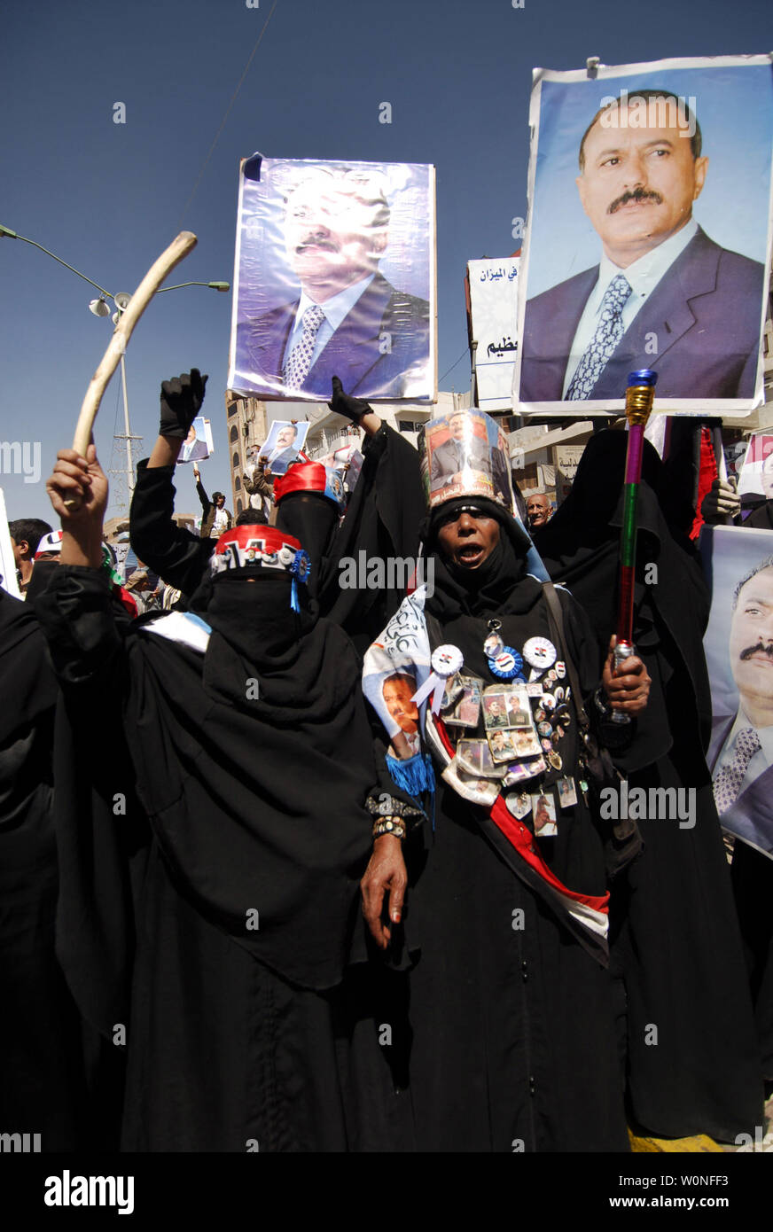 Yemeni protesters shout slogans in support of President Ali Abdullah Saleh in the capital Sanaa on February 25, 2011. The president has resisted pressure to resign but has promised not to seek re-election when his current term ends in 2013 and has promised political reforms.  UPI Stock Photo