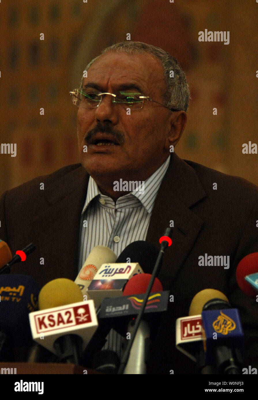 Yemeni President Ali Abdullah Saleh speaks during a media conference in Sanaa, Yemen, Friday, March 18, 2011. UPIMohammad Abdullah.. Stock Photo