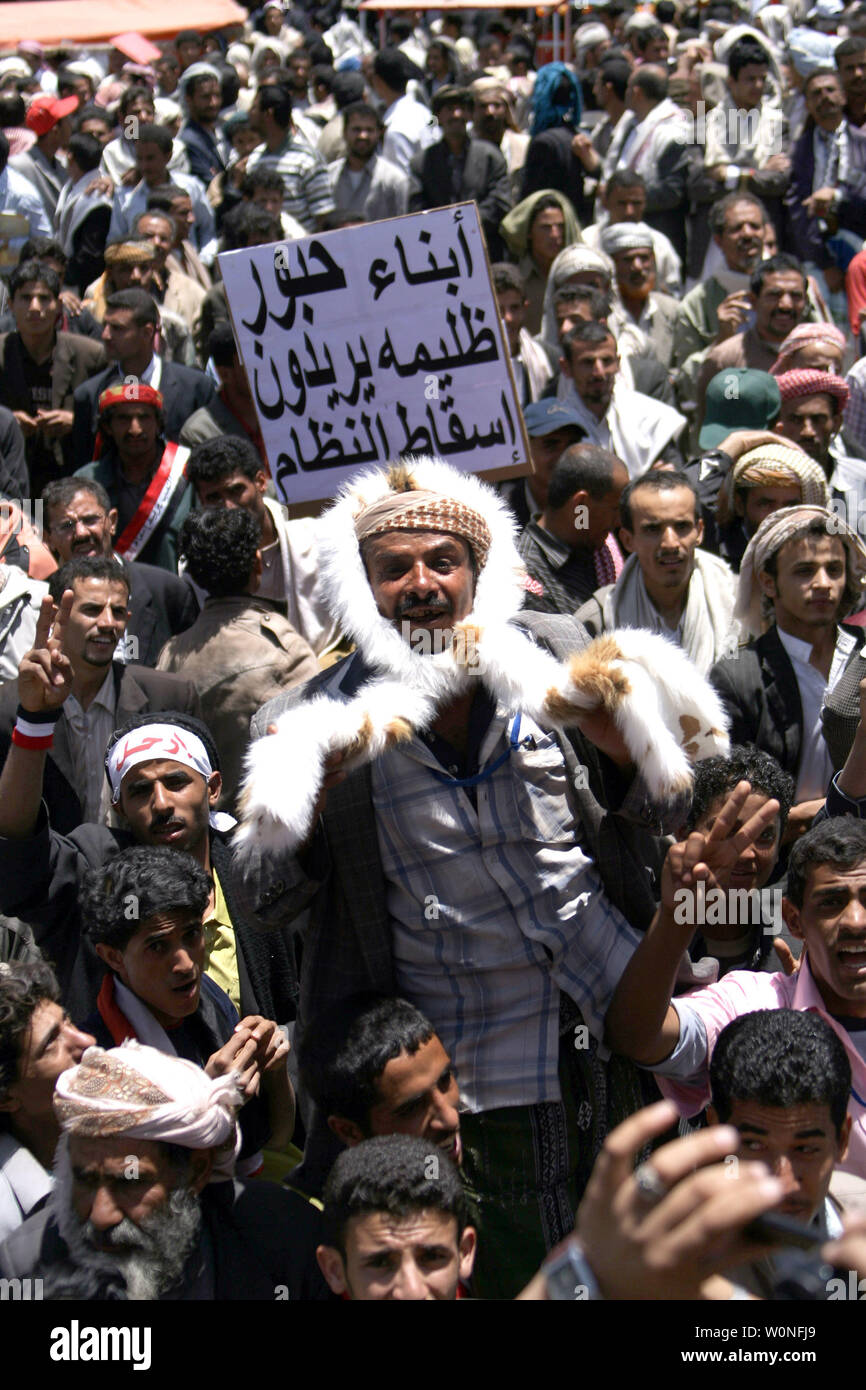 Yemeni anti-government protesters shout slogans during a demonstration demanding the resignation of Yemeni President Ali Abdullah Saleh in the capital Sanaa, Yemen, on April 3,2011. UPI/Mohammed Abdallah Stock Photo