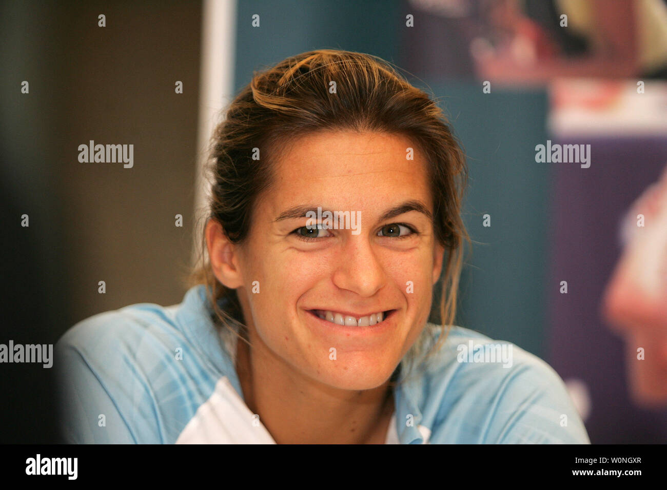 Amelie Mauresmo of France smiles during interviews on media day at the Zurich Open, WTA women's tennis tournament in Zurich, Switzerland on October 18, 2005.  Mauresmo is currently ranked number four on the WTA tour and competes with other top seeds including Lindsay Davenport, Mary Pierce, and Elena Dementieva. Finals are on Sunday, October 23, 2005.  (UPI Photo/Tom Theobald) Stock Photo