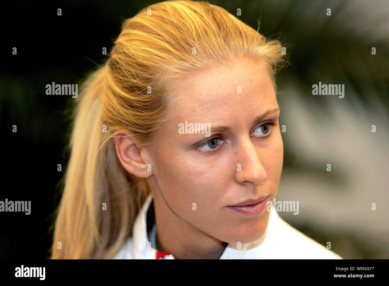 Elena Dementieva of Russia answers questions from French journalists at the Zurich Open, WTA women's tennis tournament in Zurich, Switzerland on October 19, 2005. Dementieva plays Nathalie Dechy of France later today in second round action. Finals are on Sunday, October 23, 2005.  (UPI Photo/Tom Theobald) Stock Photo