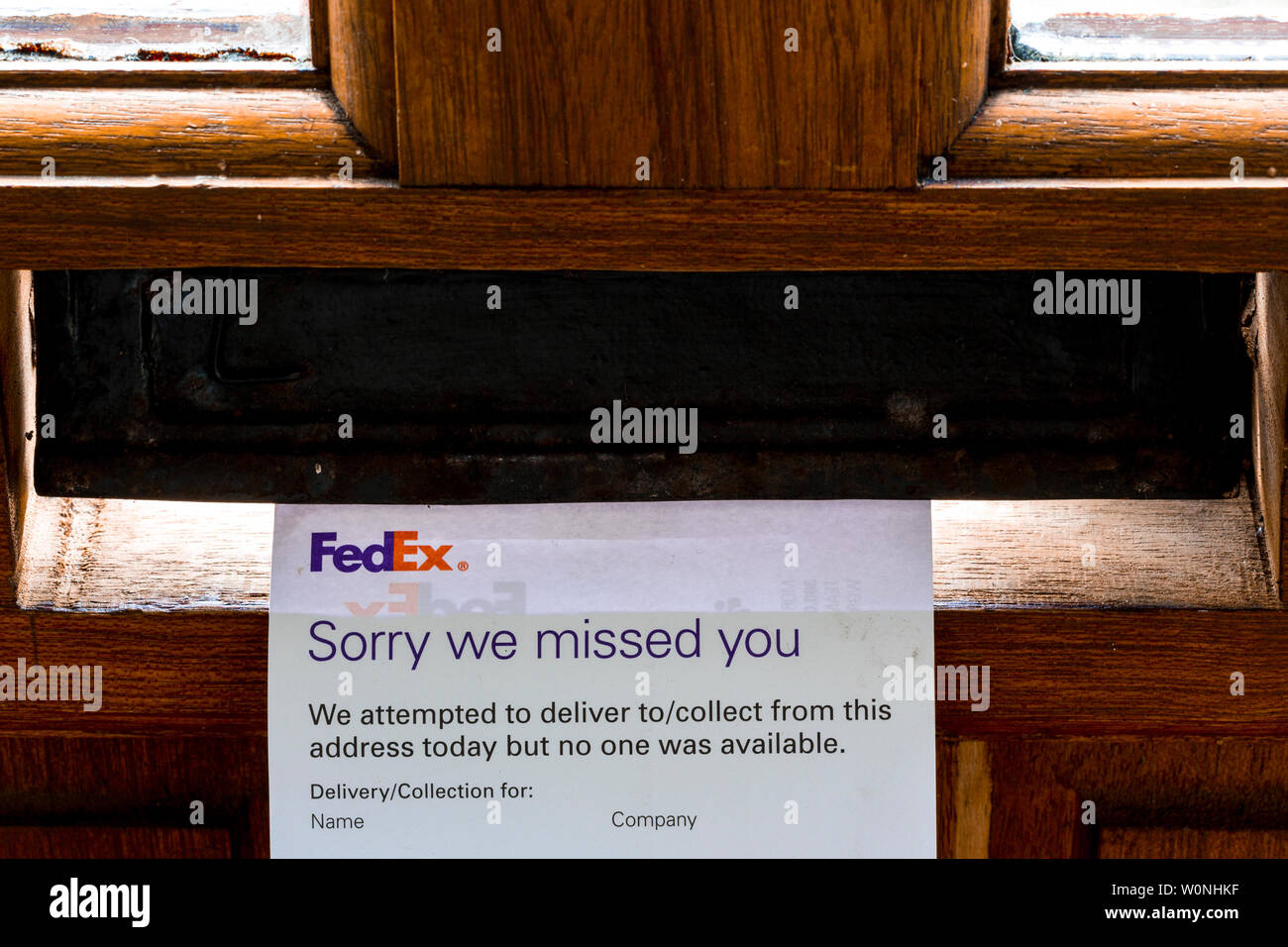 FedEx 'sorry we missed you' card left in letterbox. Stock Photo