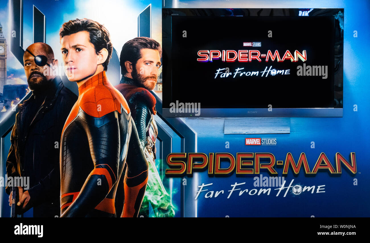 Bangkok, Thailand - Jun 26, 2019: Marvel's 'Spider-Man: Far From Home' backdrop poster with Sony TV show movie trailer in theatre. Cinema promotional Stock Photo