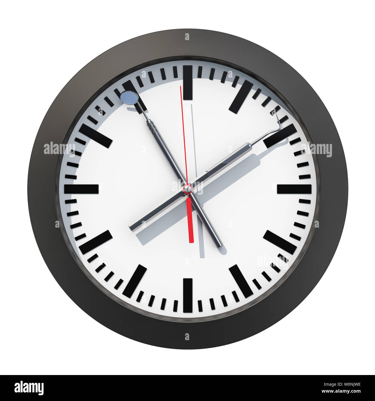 Dental time concept. Clock face with dental tools. 3D rendering Stock