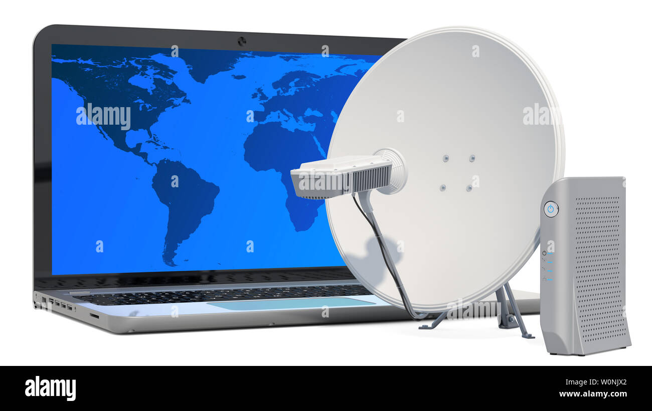 Satellite Internet access concept. Laptop with communication satellite dish and satellite modem, 3D rendering Stock Photo