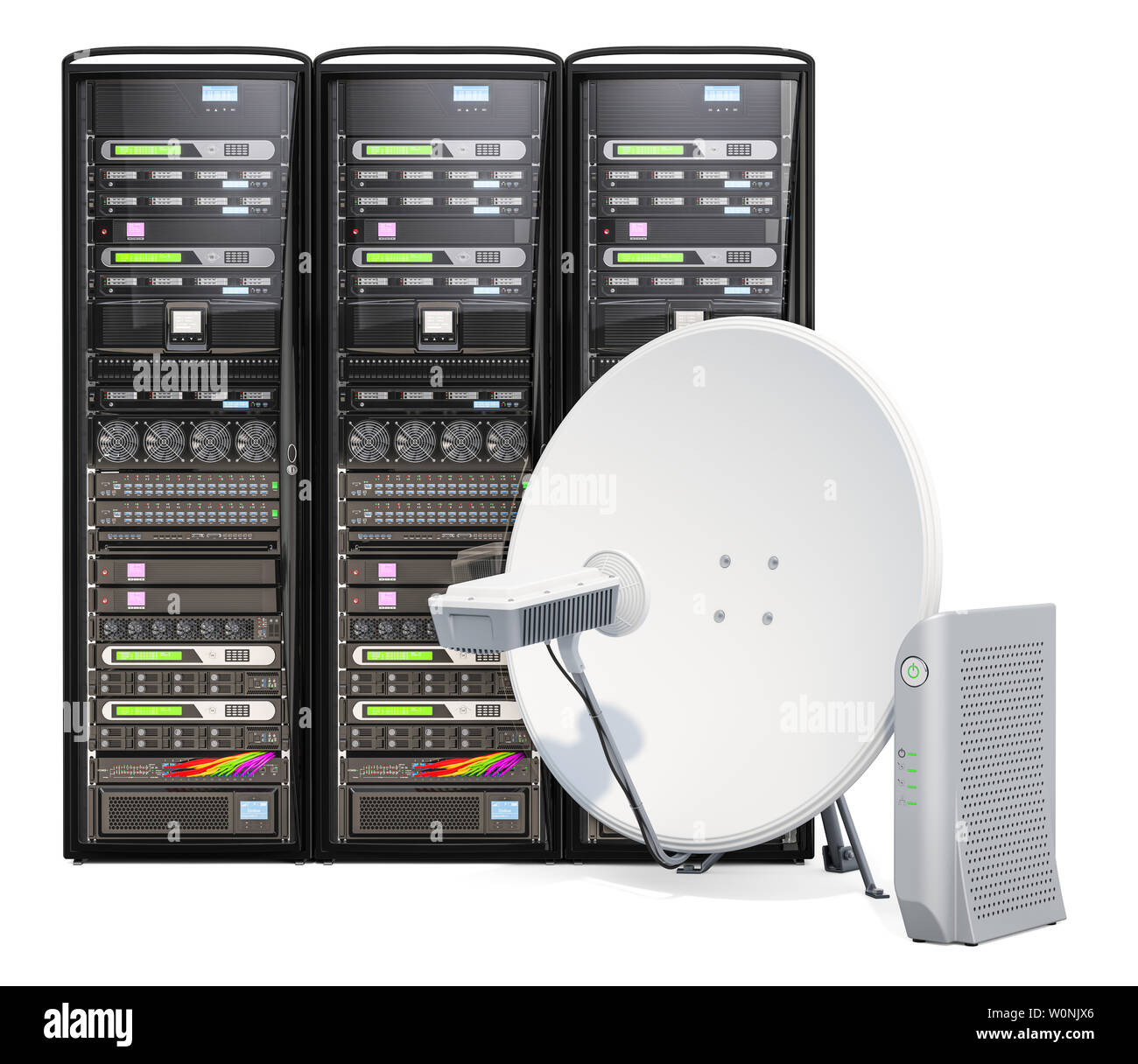 Satellite Internet access concept. Computer server racks with communication satellite dish and satellite modem, 3D rendering Stock Photo