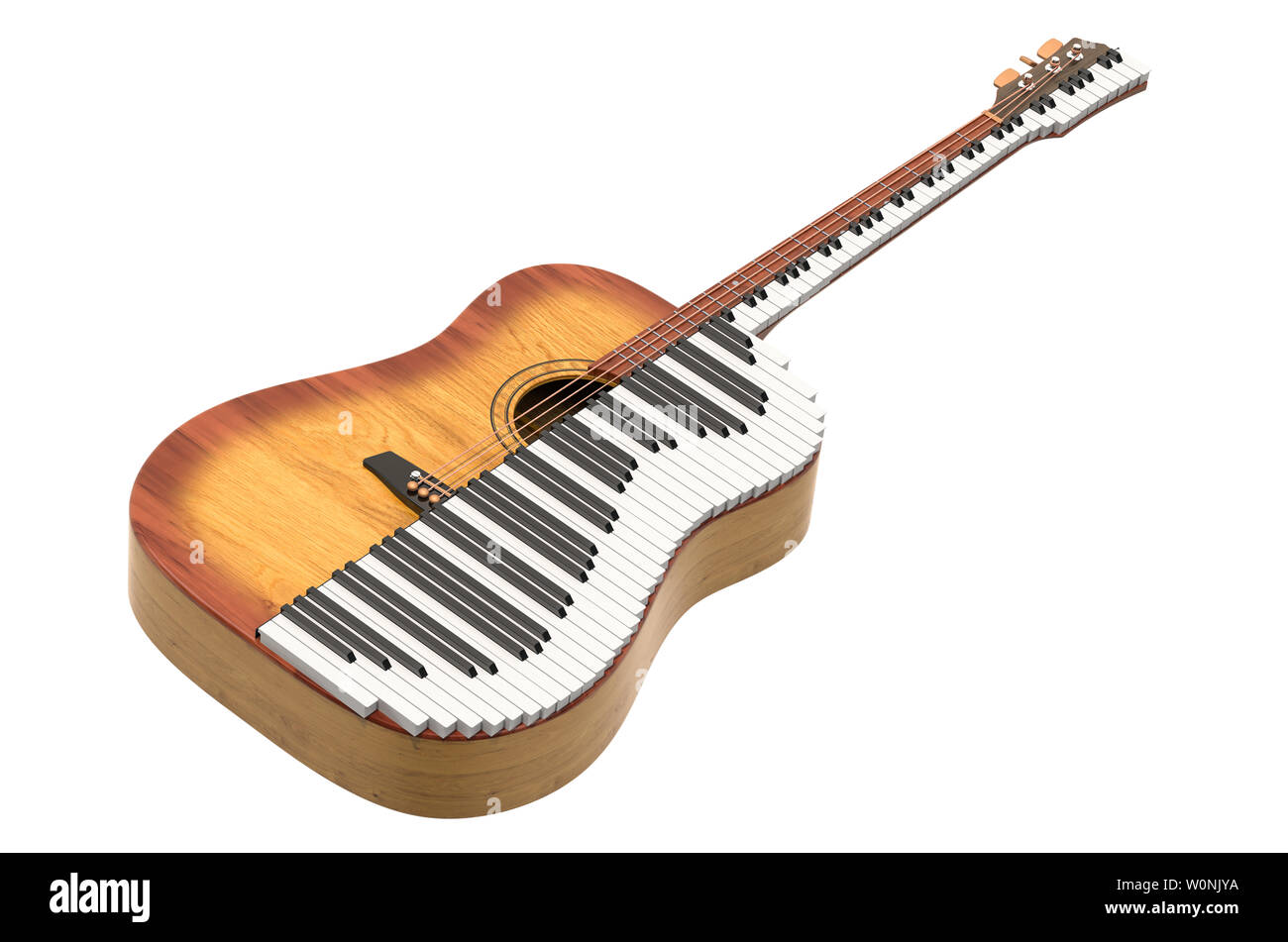 Music duet concept. Acoustic guitar and piano. 3D rendering isolated on white background Stock