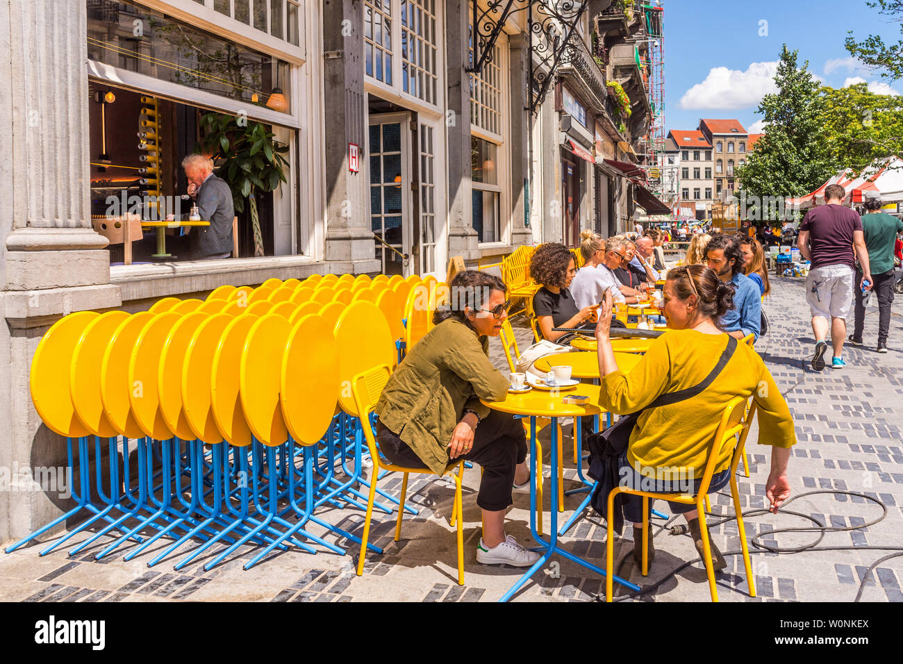 Café culture in SaintGilles market square, Brussels, Belgium Stock