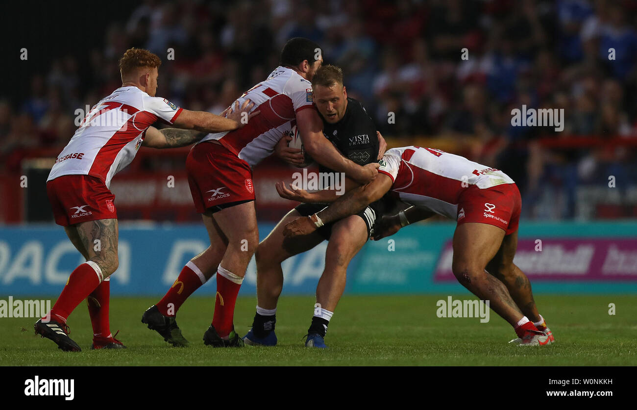 Hull FC's Joe Westerman is tackled down during the Super League match at the KCOM Craven Park, Hull. Stock Photo