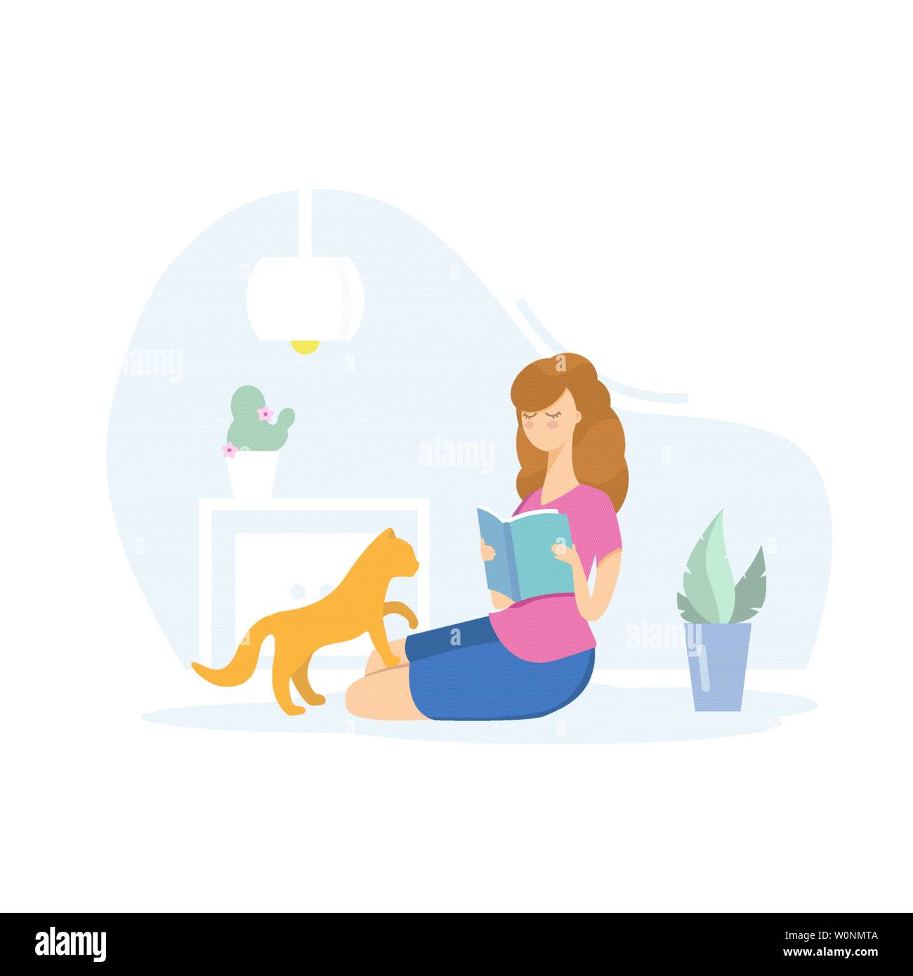 girl reading a book with a cat Stock Vector
