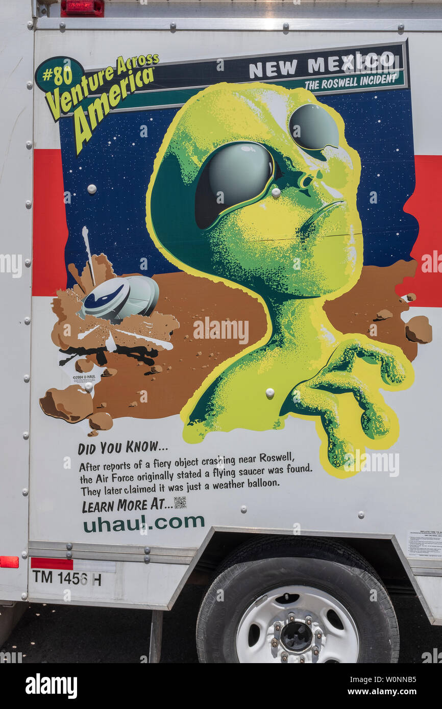 detail of U-Haul truck advertising travel to various U.S. states