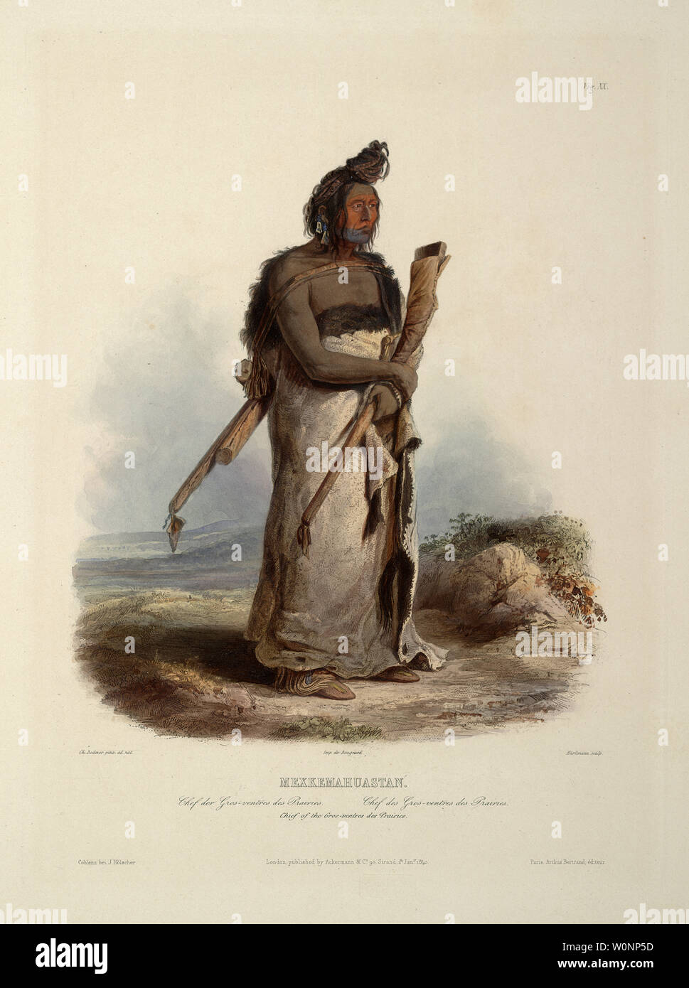 Mexkemahuastan, Chief of the Gros-ventres des Prairies - Karl Bodmer aquatint from Travels in the Interior of North America (Voyage dans l’intérieur) Stock Photo