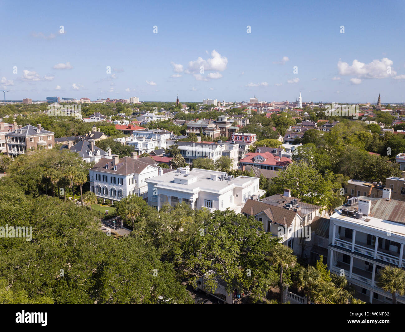 Aerial view of houses along the battery and White Point Gardens in