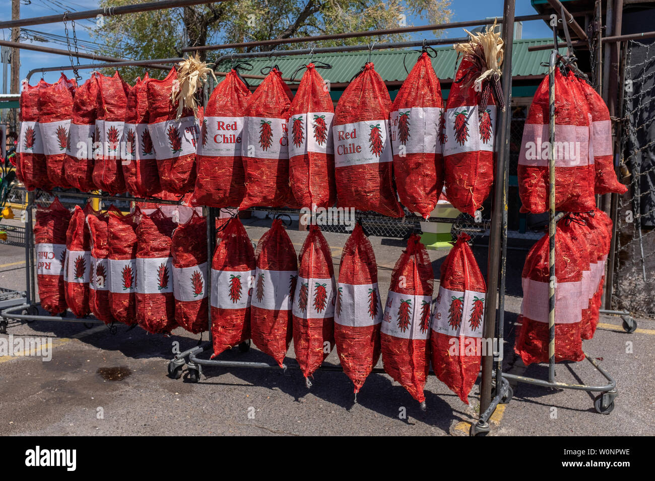 net bags of red chile peppers at the "Chile Konnection", Albuquerque, New Mexico Stock Photo