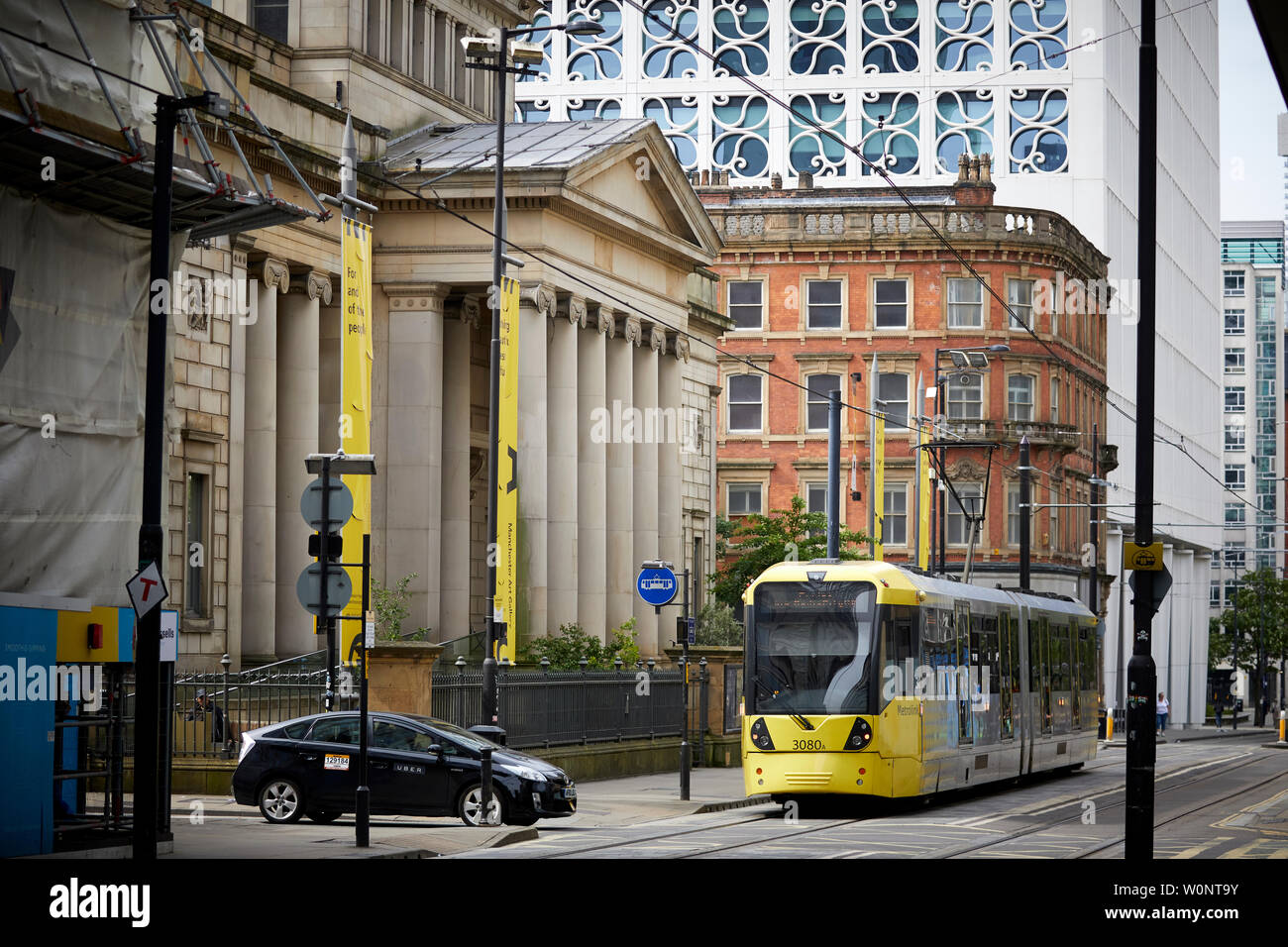 Manchester city centre, Manchester Art Gallery, Mossley Street and a Metrolink tram Stock Photo