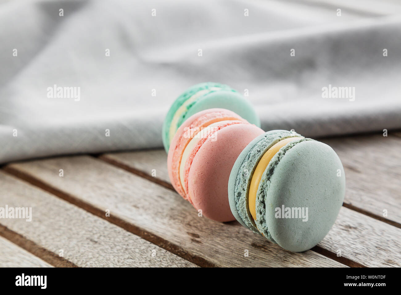 Close up colorful macarons dessert with vintage pastel tones Stock Photo