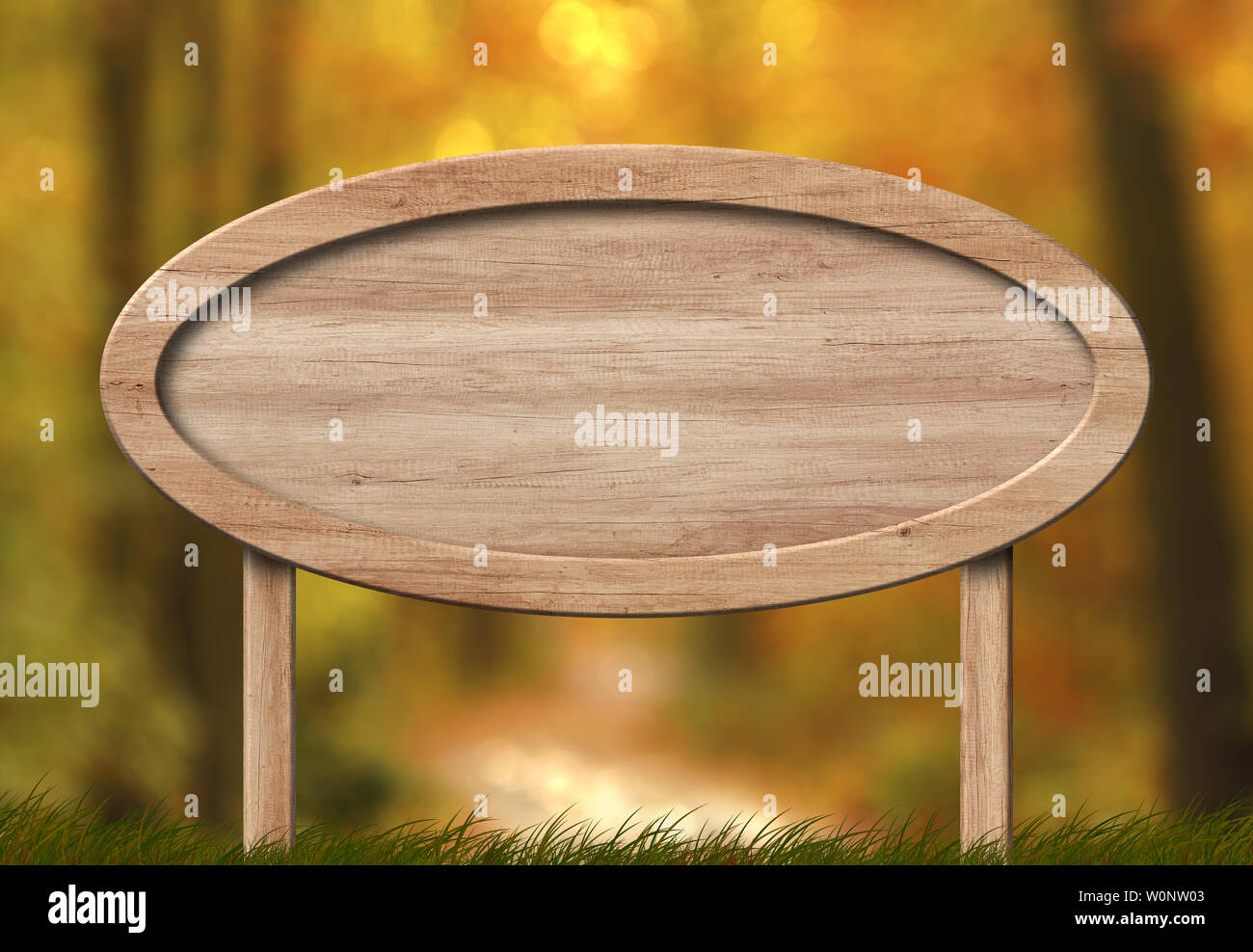 Bright oval signboard autumn forest background Stock Photo