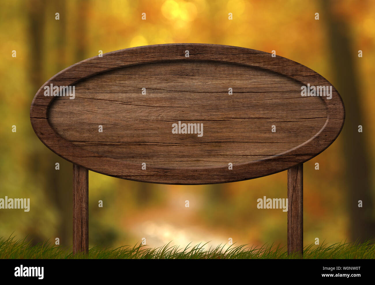 Big oval signboard autumn forest background Stock Photo