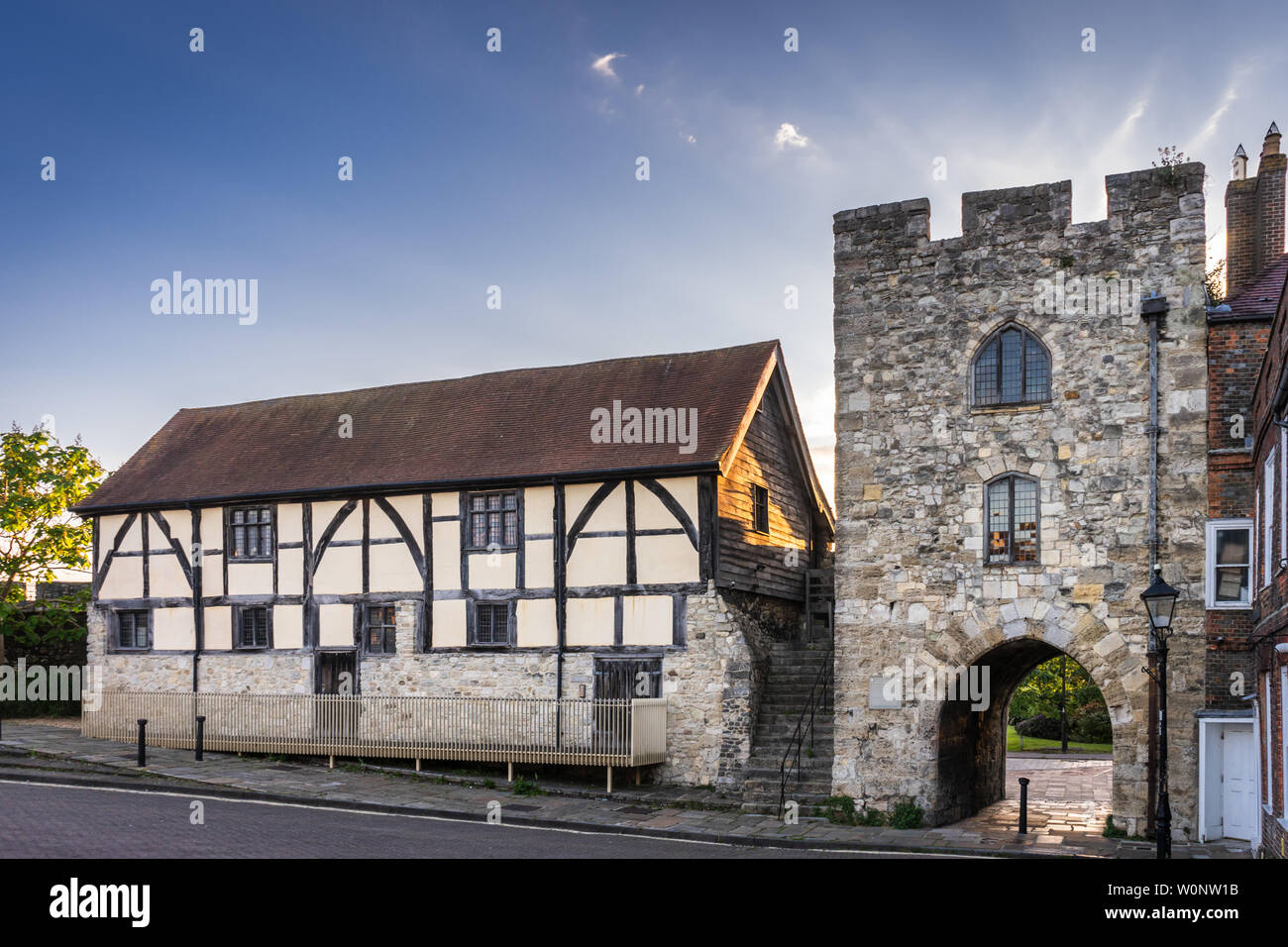 Street view of Westgate Street with Westgate Hall which are part of the Southampton medieval Old Town Walls located in the city centre, England, UK Stock Photo