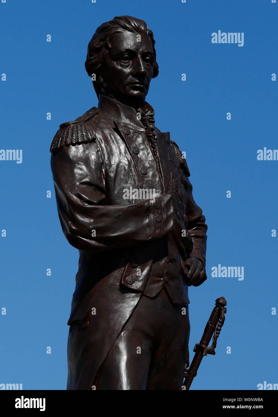 AJAXNETPHOTO. 3RD JUNE, 2019. SOUTHSEA, ENGLAND. - TRAFALGAR HERO - BRONZE STATUE OF BATTLE OF TRAFALGAR COMMANDER ADMIRAL HORATIO NELSON NEAR GRAND PARADE, OLD PORTSMOUTH. STATUE WAS CENTRE OF A DISPUTE BETWEEN PORTSMOUTH COUNCIL AND PROTESTORS AGAINST MOVING IT FROM ITS ORIGINAL LOCATION NEAR SOUTHSEA COMMON CLOSER TO THE SEA. PHOTO:JONATHAN EASTLAND/AJAX REF:GX8 190306 370 Stock Photo