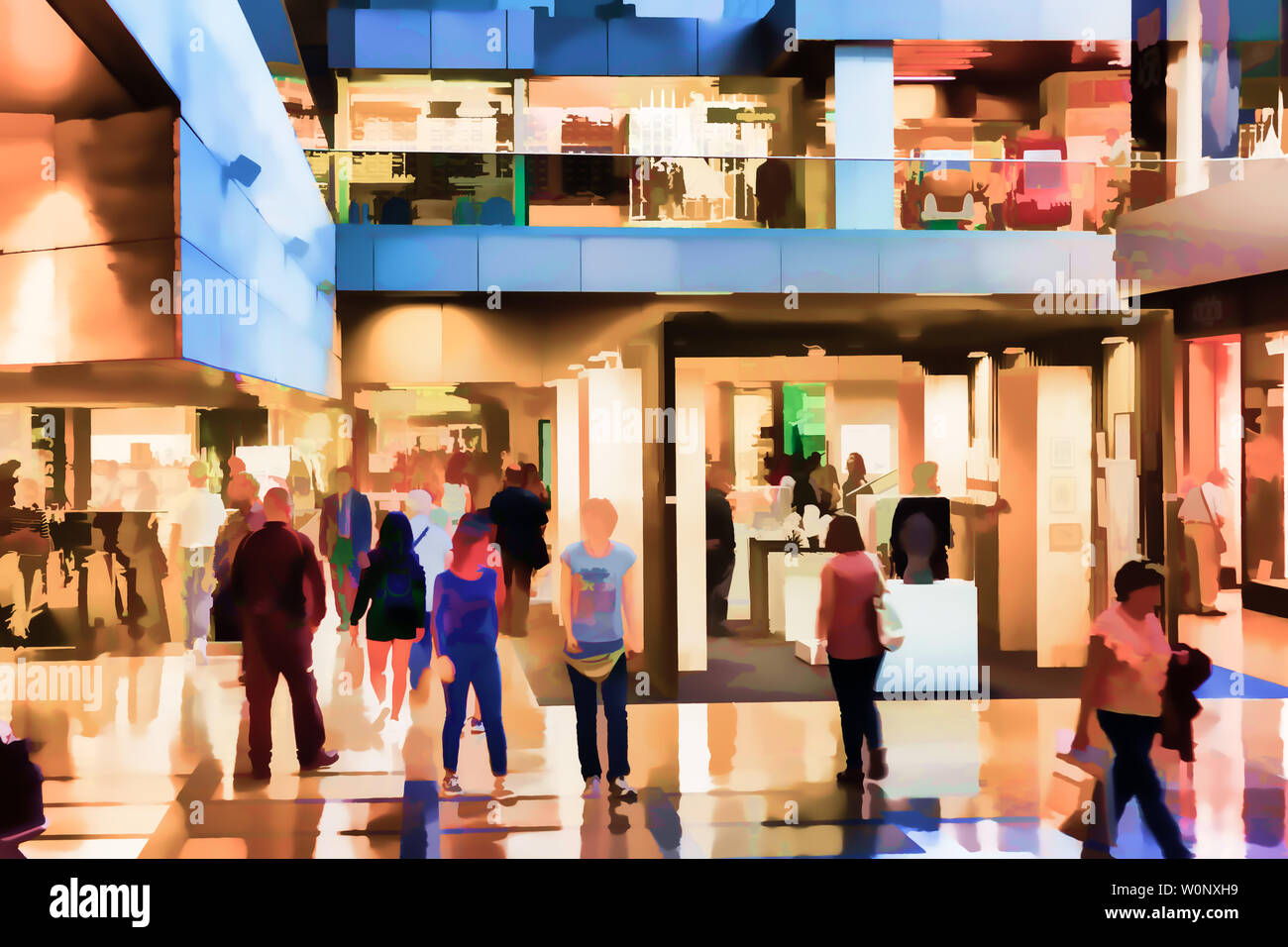 Illustration of people in shopping mall. Digitally filtered photo