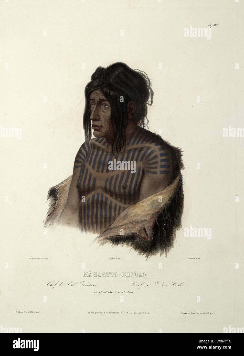 Mähsette-Kuiuab, Chief of the Cree--Indians - Karl Bodmer aquatint from Travels in the Interior of North America (Voyage dans l’intérieur) Stock Photo
