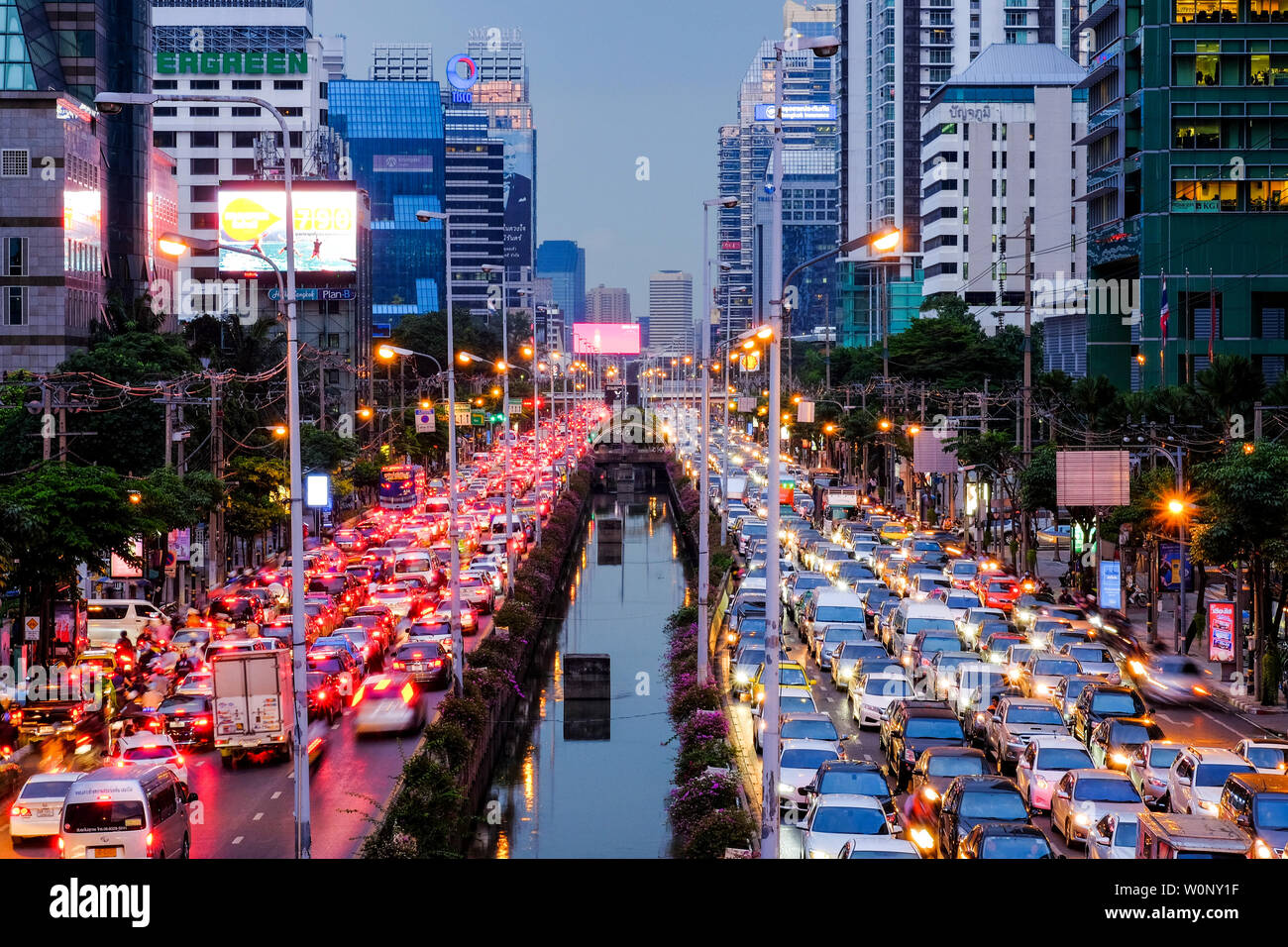 Bangkok-Thailand NOV 16 2017: Traffic jam on Sathorn Rd, in the evening on after work, Sathorn Rd. is one of the business district that traffic conges Stock Photo