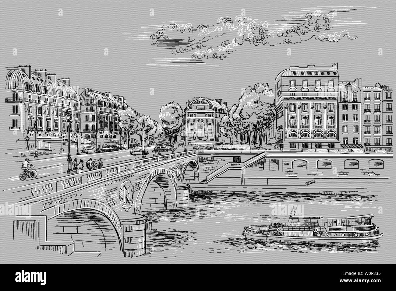 Vector hand drawing Illustration of Pont Saint Michel bridge (Paris, France). Landmark of Paris. Cityscape with Saint Michel bridge and Paris street. Stock Vector