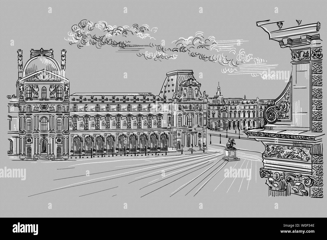 How to draw Musée du Louvre - pen drawing 