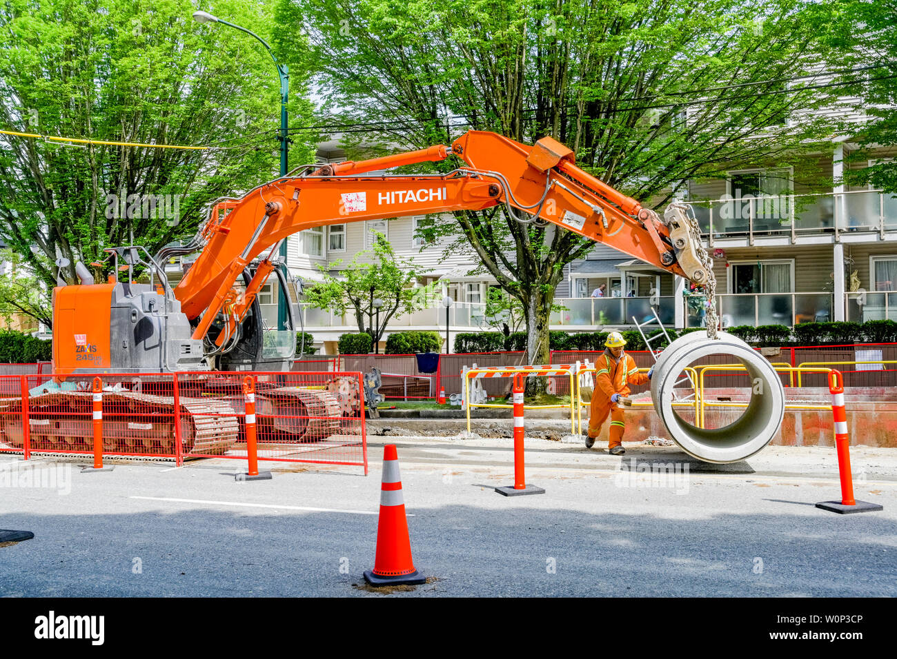 Concrete sewer infrastructure installation, Vancouver, British Columbia, Canada Stock Photo