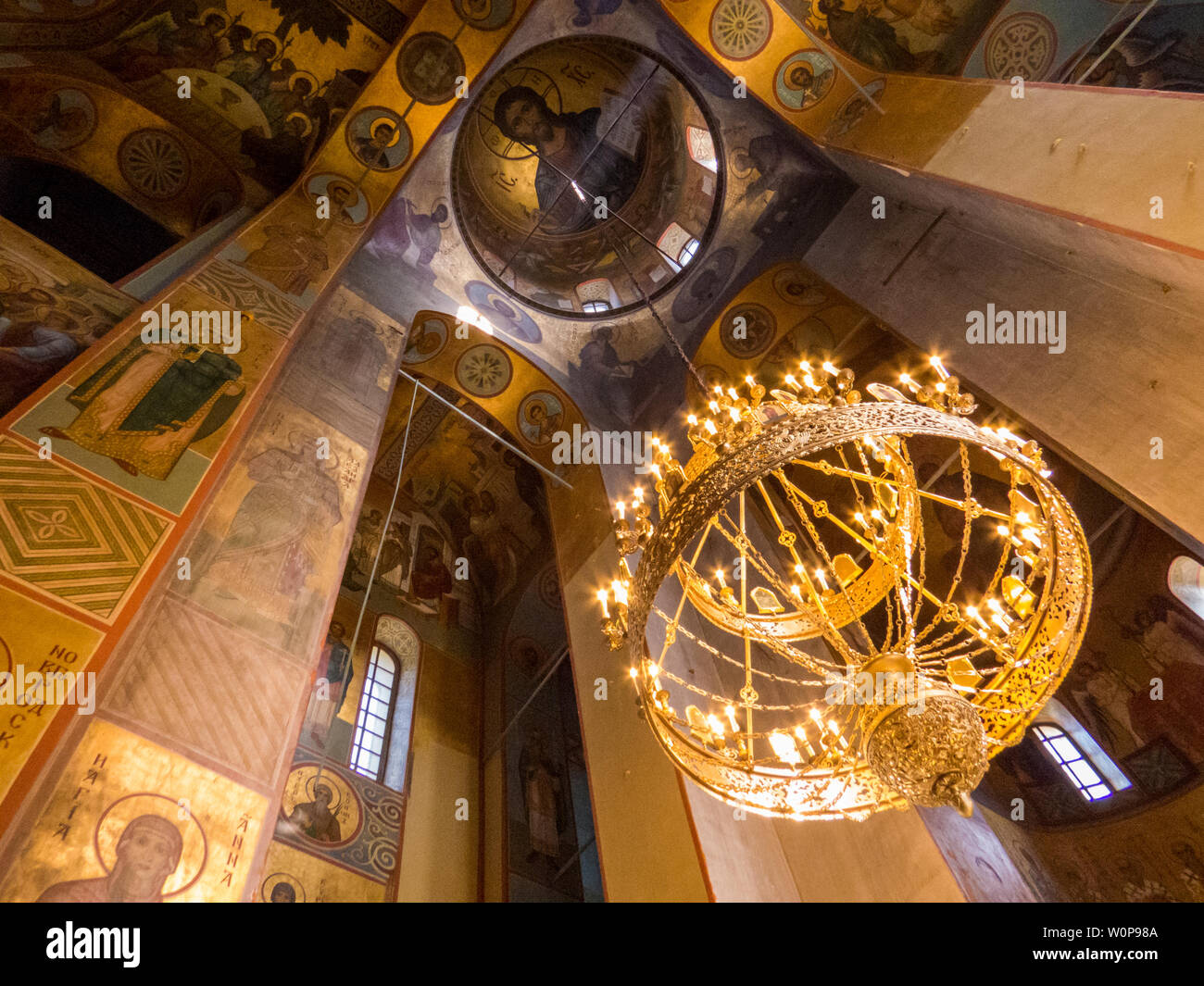 VELIKY NOVGOROD, RUSSIA - APRIL 24, 2019: View of the interior of the St. George's Cathedral (Russian: Sobor Georgiya Pobedonostsa) in the Yuriev Mona Stock Photo