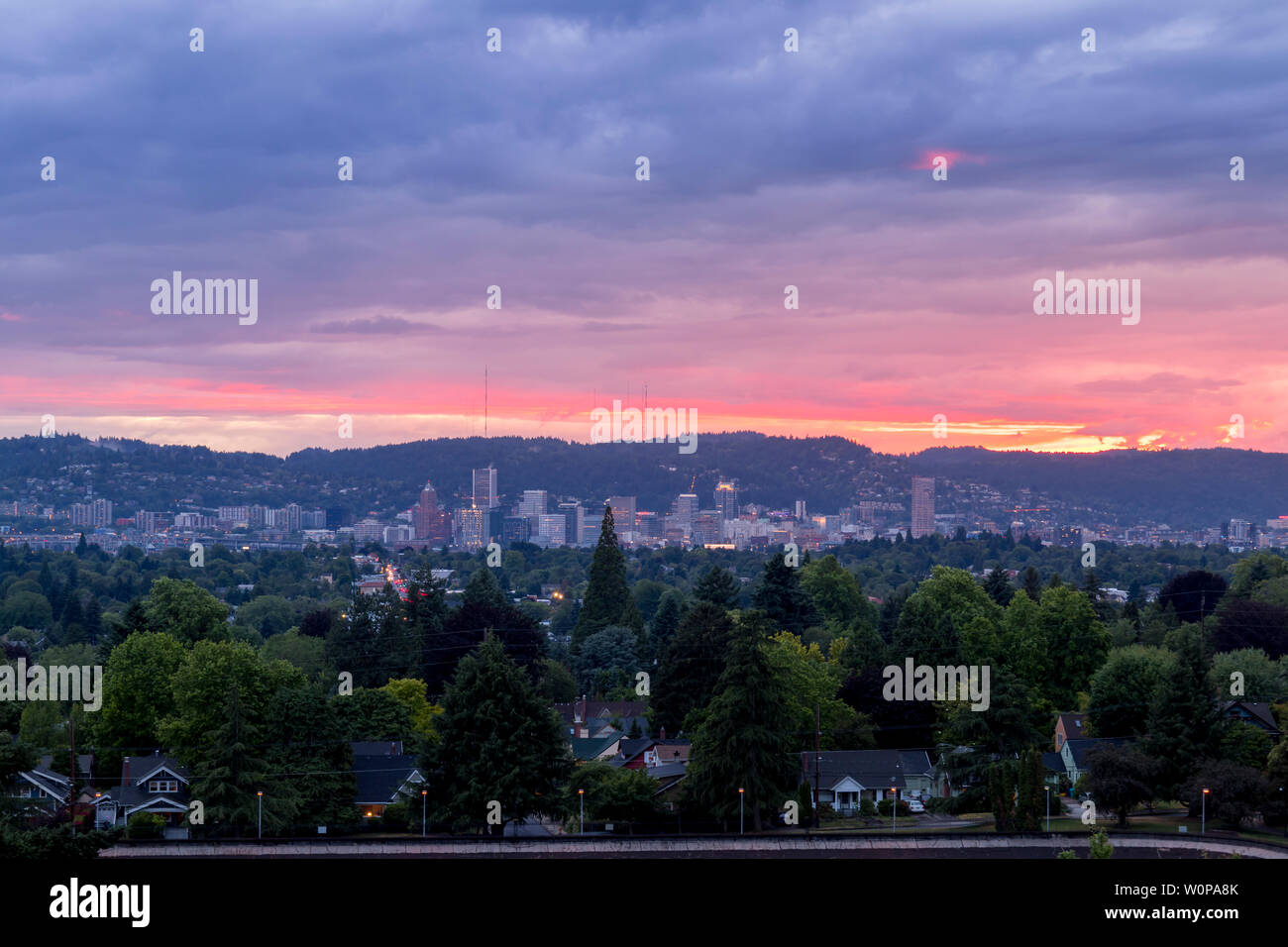 Colorful sunset over Portland, Oregon after a thunderstorm in the Pacific Northwest. Stock Photo