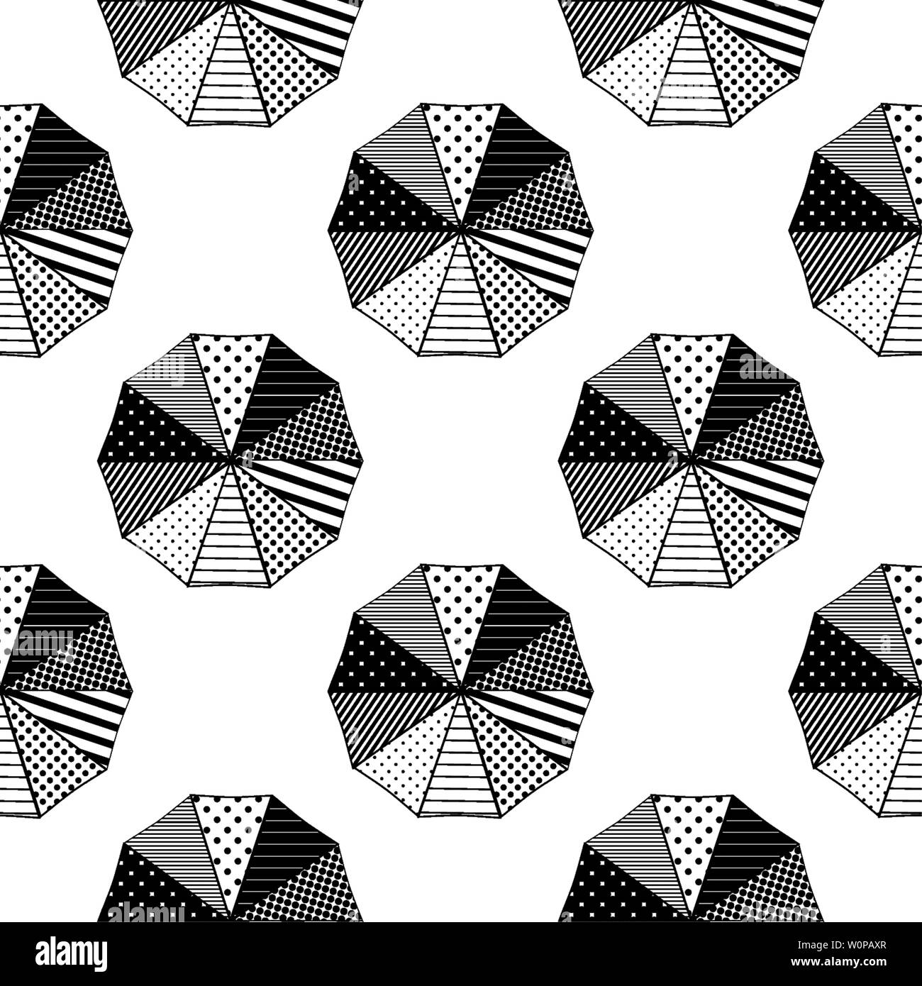 Parasols, umbrellas from above with geometric designs in black and