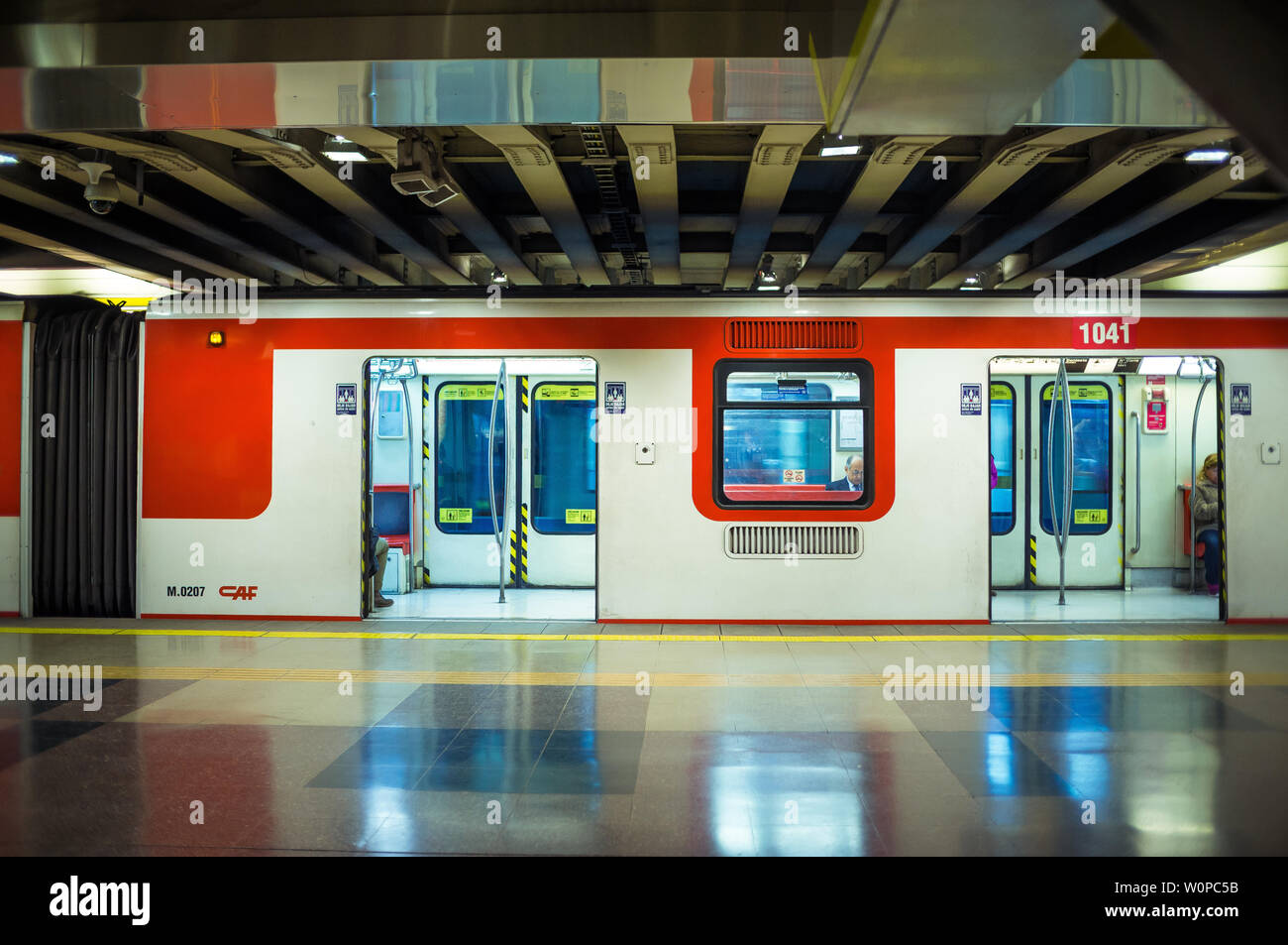 SANTIAGO, CHILE MAY 2018 A Metro de Santiago train stopped at