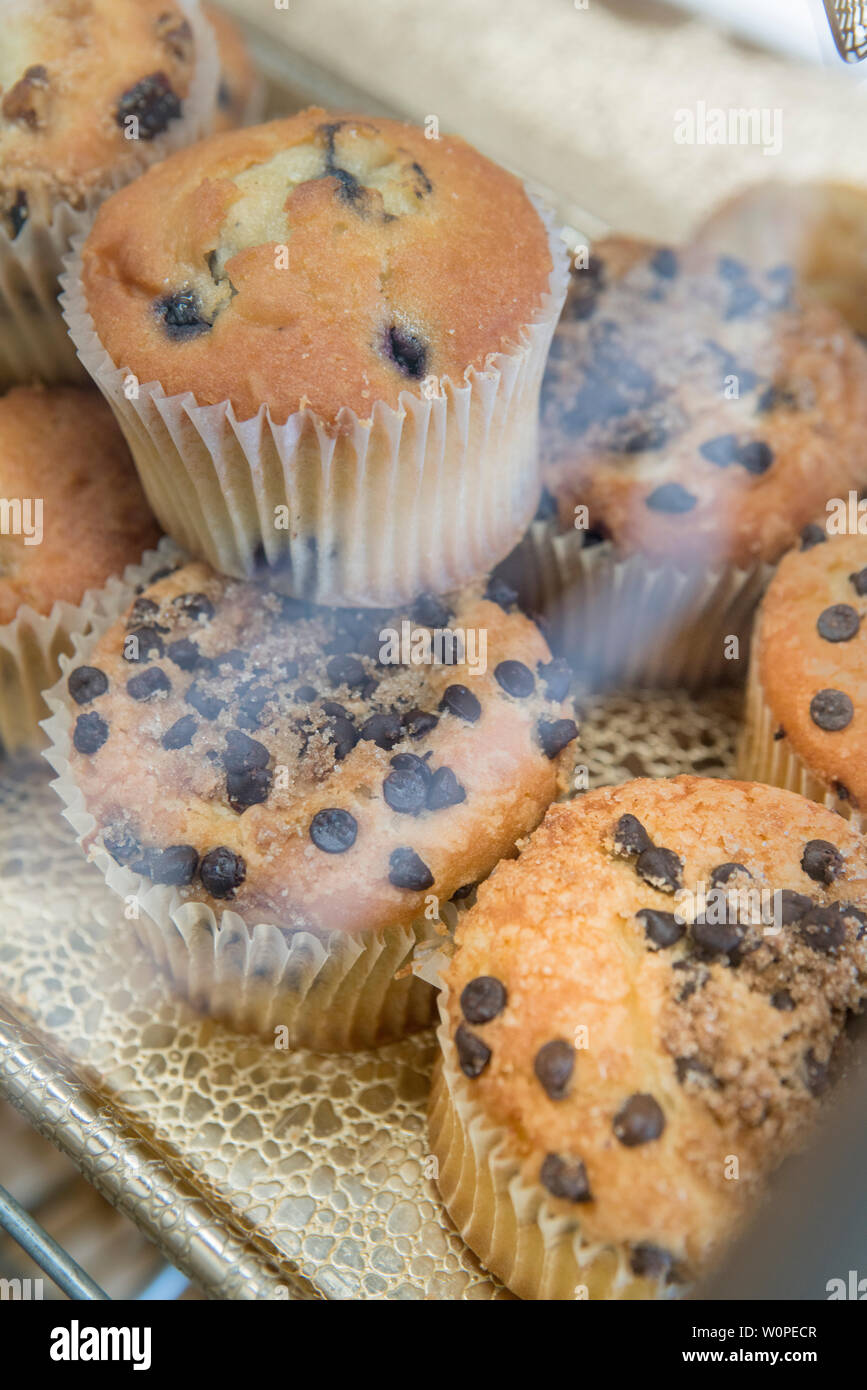 a bunch of chocolate chip muffins in a display case in a bakery Stock Photo