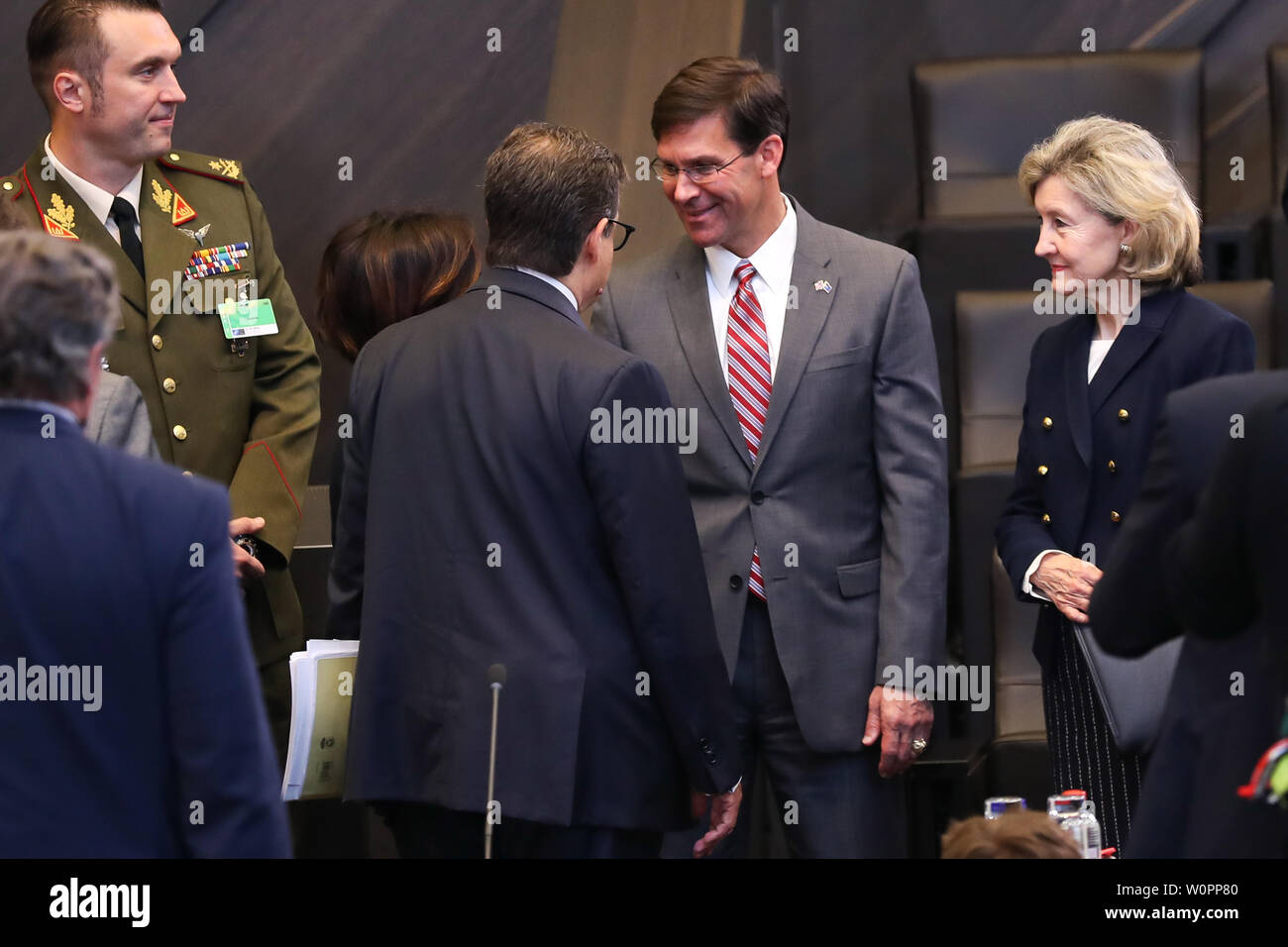Brussels, Belgium. 27th June, 2019. U.S. Acting Secretary of Defense Mark Esper (2nd R) attends a NATO defense ministers meeting at NATO headquarters in Brussels, Belgium, on June 27, 2019. The two-day NATO defense ministers meeting closed on Thursday. Credit: Zhang Cheng/Xinhua/Alamy Live News Stock Photo