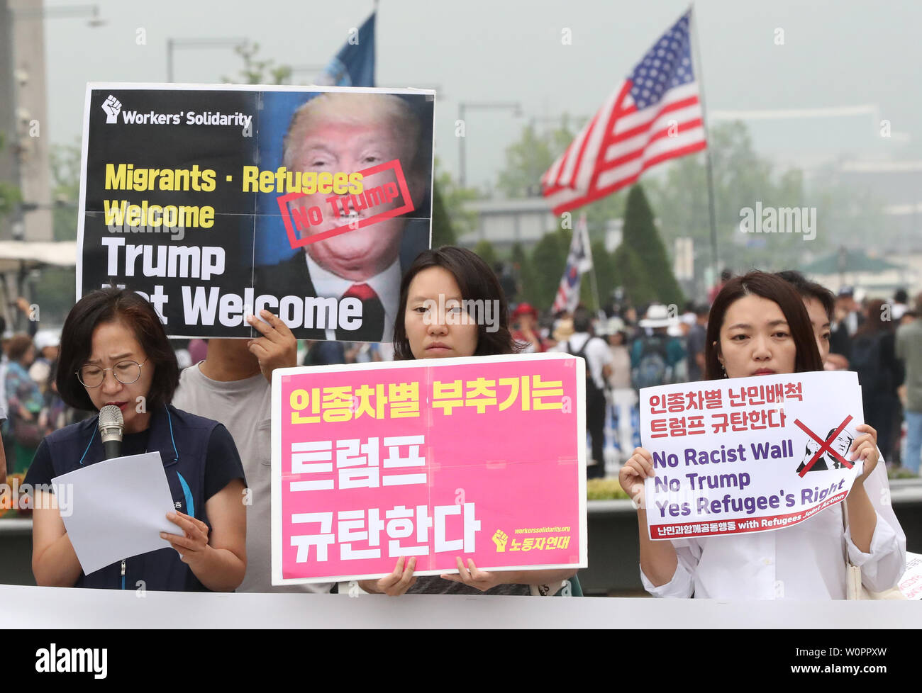 28th June, 2019. Rally against Trump's visit to S. Korea Members of a civic group rally in Seoul on June 28, 2019, to voice their objection to a visit to South Korea by U.S. President Donald Trump that is scheduled for June 29-30. Credit: Yonhap/Newcom/Alamy Live News Stock Photo